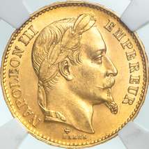 【有冠 高鑑定 MS62】1869 BB フランス第二帝政 ナポレオン3世 20フラン金貨 NGC/アンティーク モダン コイン_画像4