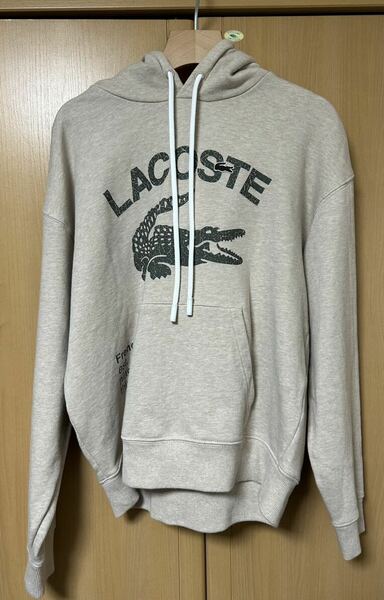 【美品】ラコステ LACOSTE メンズ ロゴプリントパーカー ベージュプルオーバー 