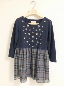 Chesty Chesty Kirakira flower switch check pattern One-piece long sleeve navy size 0 lady's 017a6