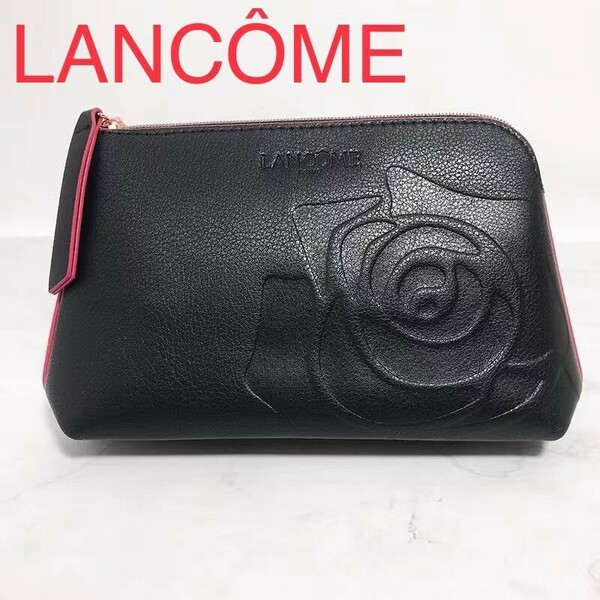 新品 ブランド ランコム LANCOME 化粧ポーチ コスメポーチ トラベルポーチ 型押しレザー ブラック 黒 M バラ 薔薇 ミドル きれい 防水 旅行