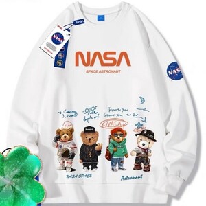 ベアー トレーナー ロングシャツ 長袖 日本未入荷 プレゼント ホワイト 白 メンズ　 パーカー 新品 NASA 宇宙飛行士 宇宙 裏起毛 厚手