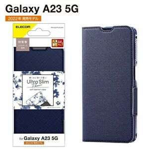 Galaxy A23 花柄　ネイビー　薄型ソフトレザーケース　磁石・フラップ付 手帳型ケース カバー UltraSlim