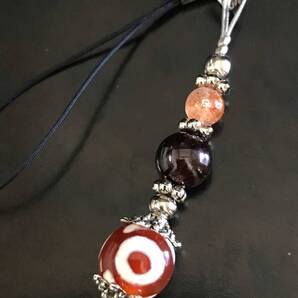 天然石三眼天珠&サンストーン&ガーネットのストラップ