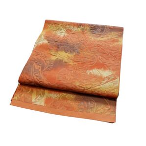 名古屋帯 松葉仕立て 八寸 アート モダン オレンジ 正絹 六通 カジュアル 普段着