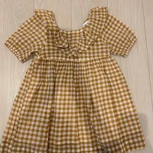 美品 98cm H&M パフスリ ギンガムチェックワンピース ベージュ チュニック 半袖 女の子 子ども服 韓国 夏服