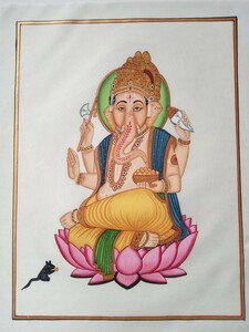 Art hand Auction Peinture miniature indienne peinte à la main 5 Statue de Ganesha 5 Taille : env. Statue de dieu hindou indien colorée sur soie, 34cm x 26.5cm, recherche d'artisanat, exposition de peinture miniature indienne, Ouvrages d'art, Peinture, autres
