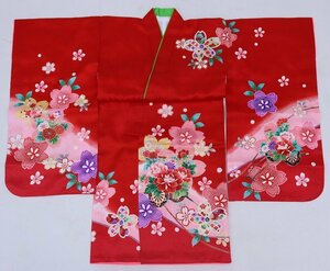 inagoya♪超かわいい着物♪美品【女の子・三つ身単品】花柄 赤系 正絹 着物 中古 着用可 七五三 y6182mm