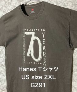 【レア】US古着 ビッグサイズ 2XLsize Hanes グレーTシャツ ヘインズ オーバーサイズ 半袖Tシャツ 企業ロゴ