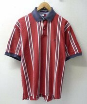 ◆TOMMY HILFIGER トミーヒルフィガー US古着　ストライプ 鹿の子 ポロシャツ 赤系 サイズL 襟色褪せあり_画像1