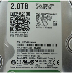 ハードディスク SATA 3.5インチ WD 2TB HDD WD20EZRX 