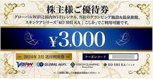 「ビジョン 株主優待」 / Wi-Fiレンタルまたは宿泊利用券【1枚（3000円分）】 / 番号通知のみ / 有効期限2025年3月31日