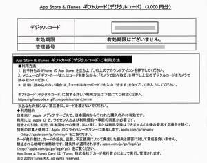 「App Store ＆ iTunes ギフトカード」 デジタルコード［3000円分］ / 番号通知のみ / 有効期限なし