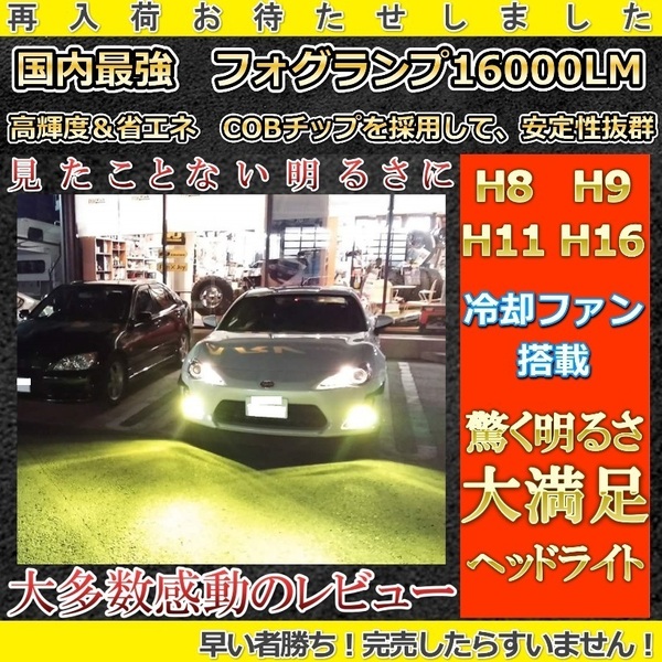 車用　LEDフォグランプ　冷却ファン搭載　H8 H9 H11 H16 イエロー チップ採用：COBチップ シェル素材 アルミニウム合金 防水等級：IP67