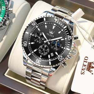 OLEVS メンズ 腕時計 2870 高品質 クオーツ カジュアル スポーツ ビジネス クロノグラフ 時計 ステンレス ウォッチ シルバー × ブラック
