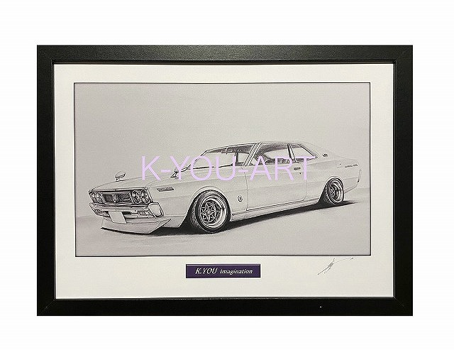 NISSAN Laurel C130 Front [Pencil Drawing] Famous Car Old Car Illustration A4 Size Framed Signed, artwork, painting, pencil drawing, charcoal drawing