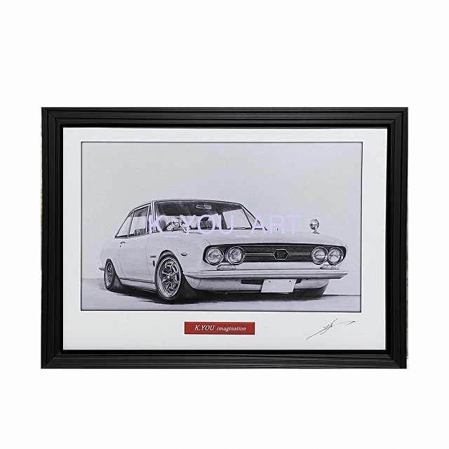 ISUZU 117 Coupe [Pencil drawing] Famous car, classic car, illustration, A4 size, framed, signed, Artwork, Painting, Pencil drawing, Charcoal drawing