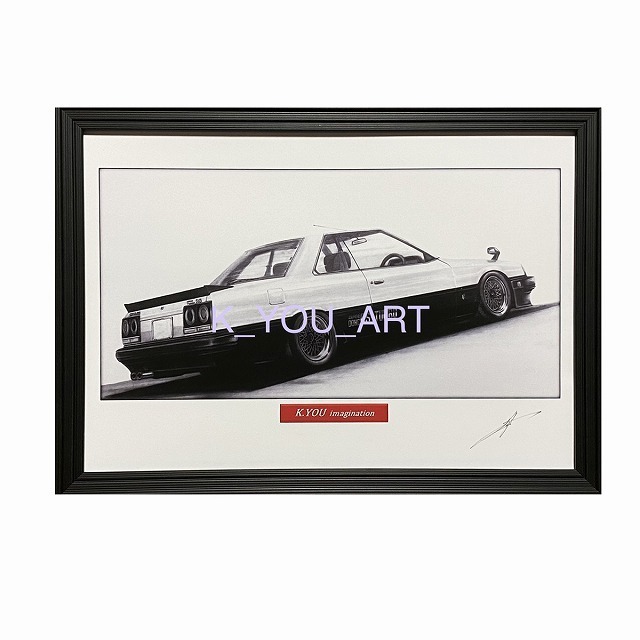 NISSAN Skyline R30 RS TURBO 2 door rear [Pencil drawing] Famous car Old car illustration A4 size Framed Signed, artwork, painting, pencil drawing, charcoal drawing