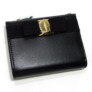 【中古】Salvatore Ferragamo ニューヴァラ ヴァラリボン 二つ折り コンパクト財布 レザー ブラック 22E009 0734500