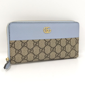 【中古】GUCCI ラウンドファスナー 長財布 GGマーモント レザー PVC ライトブルー 456117