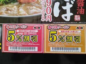 ★ 丸源ラーメンクーポン券 5％割引 ★4/30迄1枚 ★5/31迄1枚 ★合計2枚★送料63円