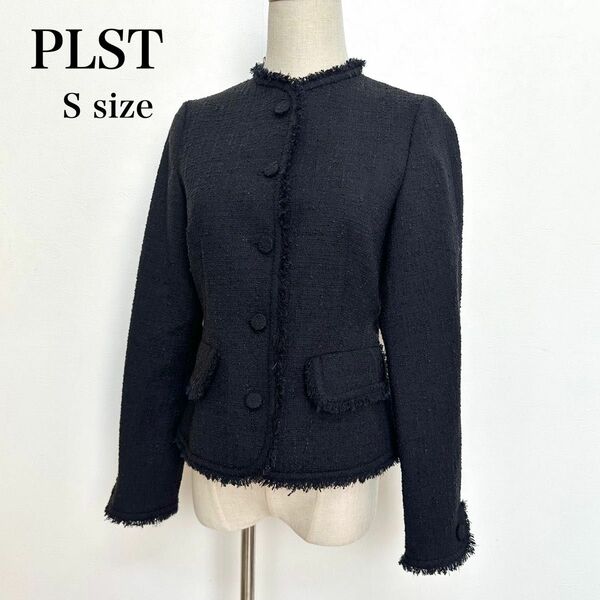 美品 PLST ノーカラー ツイード ジャケット ネイビー