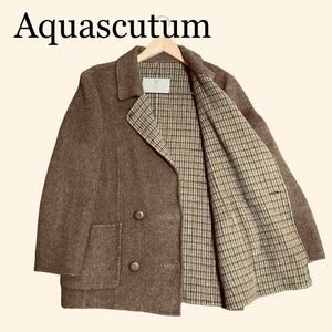 Aquascutum アクアスキュータム　メンズ　ピーコート　ブラウン　チェック　ウール　ロゴボタン　Mサイズ