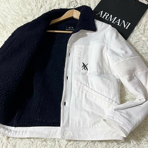 ARMANI EXCHANGE アルマーニ エクスチェンジ 裏ボア★ ホワイト デニム パファー ジャケット メンズ 刺繍 ロゴ刻印ボタン Mサイズ相当