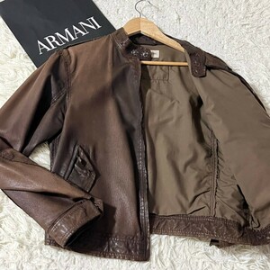 エンポリオ アルマーニ EMPORIO ARMANI 極上本革レザー Wジップ ジャケット ライダース 革ジャン ブラウン 茶 デカロゴ イーグルロゴ 48