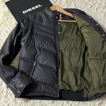 DIESEL ディーゼル カウレザー 牛革 切替 ダウン ジャケット アウター キルティング ライダース ブルゾン ビジネス MA-1 ロゴパッチ 黒_画像1