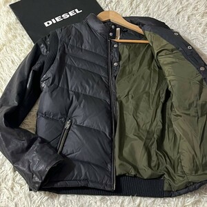 DIESEL ディーゼル カウレザー 牛革 切替 ダウン ジャケット アウター キルティング ライダース ブルゾン ビジネス MA-1 ロゴパッチ 黒