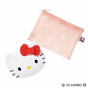 残1/Sweet スウィート HELLO KITTY ハローキティ 顔形ふわふわポーチ&クリアポーチ 2024年3月号 付録 限定 マルチケース50周年記念デザイン