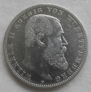 ドイツ ヴュルテンベルク 5マルク銀貨 1904年 美品! F ドイツ帝国 ウィルヘルム2世 Kaiser Wilhelm アンティーク コイン