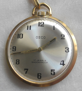 ドイツ製 OSCO アンティーク 機械式手巻き懐中時計 1970年頃 17石 チェーン付き 完動品 ヨーロッパ スイス