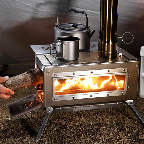 焚火台　アウトドア　キャンプ　BBQ　薪ストーブ　ストーブ　薪　サイド棚付き　卓上　耐熱ガラス窓　暖炉　ヒーター　調理