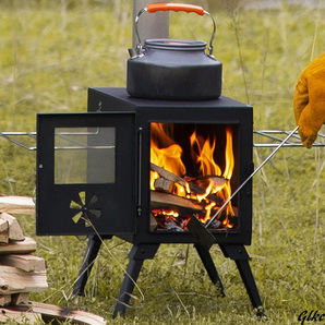 コンパクト　薪ストーブ　グリッド棚付き　暖炉　ヒーター　折り畳み　アウトドア　キャンプ　BBQ　焚火台　煙突　テント用