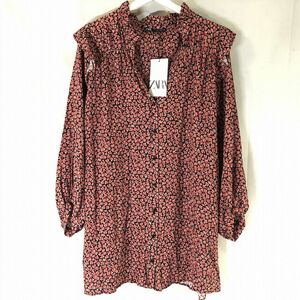 ■《新品》【ZARA】ザラ/長袖　小花柄　ひざ丈　シャツ ワンピース[L]赤