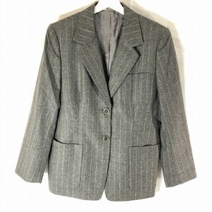 ★【アクアスキュータム(Aquascutum)】レディース 長袖 ストライプ柄 総裏地 ジャケット (灰) レナウン L 《やや美品》送料680円