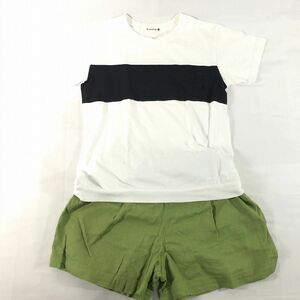 ■【BRANSHES】ブランシェス/女の子 半袖バイカラーTシャツ＋ショートパンツ[150]白×黒/緑《中古△》/