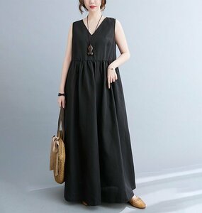 大人お洒落に ロングワンピース レディース 夏服 袖なし ペチワンピース vネック ゆったり 体型カバー 新品 無地 黒