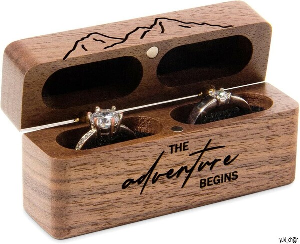 ペアリング 2個用 木製指輪ケース 指輪収納ボックス リング 結婚指輪ボックス 彫刻 The adventure begins 山脈 おしゃれ