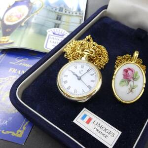 D87 フランス製 LIMOGES リモージュ ペンダント 時計 ネックレス 2点セット ケース付き 懐中時計 アンティーク 花