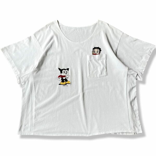 【90s】Betty Boop 刺繍イラスト 半袖ポケットTシャツ 白 ベティーブープ ビンボー 90年代 ヴィンテージTシャツ