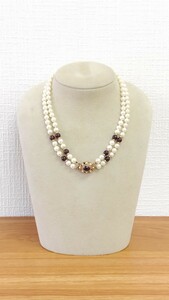 アコヤ真珠 ガーネット2連ネックレス 金具K14 ビンテージ 本真珠 ネックレス ジュエリー