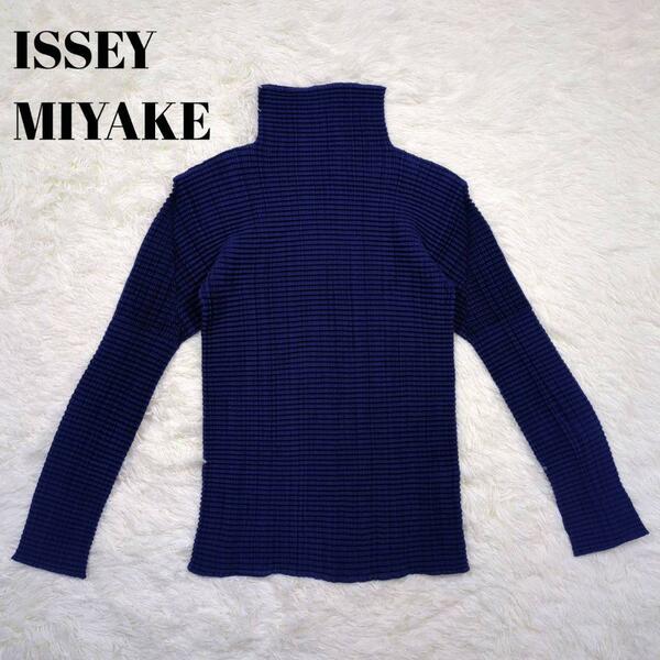 美品 ISSEY MIYAKE イッセイミヤケ PLEATS PLEASE プリーツプリーズ ハイネックプルオーバー カットソー ブルー サイズ3 LLサイズ相当