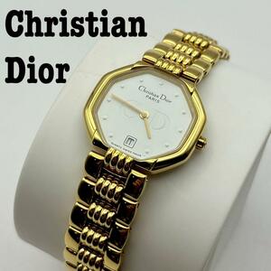 希少 Christian Dior クリスチャンディオール オクタゴン レディース腕時計 D48-153 クォーツ 電池 動作品 ブレスレット 日付カレンダー