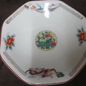 【H056】玉風陶園謹製 中華八角皿 チャーハン皿 皿 花 龍 孔雀 食器 中華 4枚セットの画像4