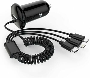 シガーソケット usb 車載充電器（15W 3.1a+ 雷充電ワイヤーコイルワイヤー，3 in 1同時給電可能Type-C Android Micro 対応） AA0055