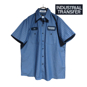 UniWeave 半袖ワークシャツ size L ブルー ネイビー ストライプ ゆうパケットポスト可 胸 ワッペン INDUSTRIAL 古着 洗濯 プレス済 ｄ45