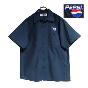 aramark 半袖ワークシャツ size L ネイビー ゆうパケットポスト可 胸 ロゴ 刺繍 PEPSI 古着 洗濯 プレス済 ｄ50