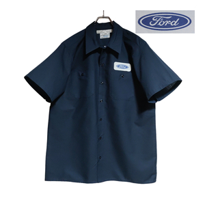 USA製 worklassics 半袖ワークシャツ size L ネイビー ゆうパケットポスト可 胸 ワッペン Ford 古着 洗濯 プレス済 ｄ58